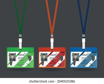 Set of three isolated id card badge realistic images with colorful strings and editable text name vector illustration