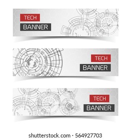 Set of three isolated modern virtual technology banners with monochrome drawings of touch interface futuristic circles with title vector illustration