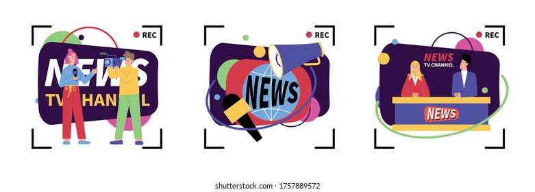 Set of three isolated news compositions with camcorder record signs and cartoon style characters of newscasters vector illustration