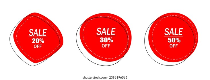 A set of three isolated price tags, discount stickers with ribbed edges on a white background. Red discount banners. Vector illustration.