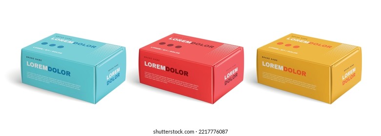 Set with three isolated realistic box mockup images with detailed views of generic package with text vector illustration