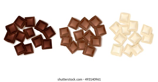 Set of three isolated realistic colorful turds of chocolate slices representing dark milk and white chocolate vector illustration