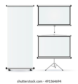 Set of three isolated realistic images of educational rolling stands with blank projection screen on pedestal wall and unrolled with shadows vector illustration
