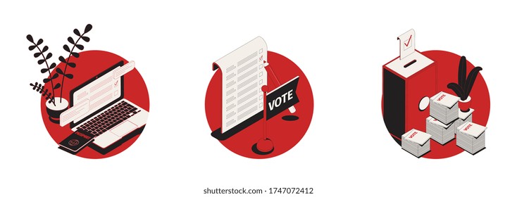 Conjunto de tres composiciones electorales redondas aisladas de urnas de votación isométricas papel de votación y pantallas de computadora ilustración vectorial