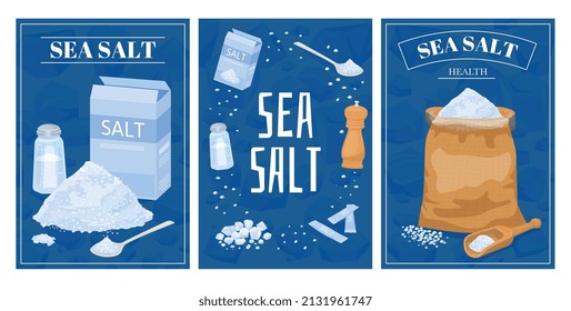 Set of three isolated vertical sea salt flat cards with editable ornate text and product images vector illustration