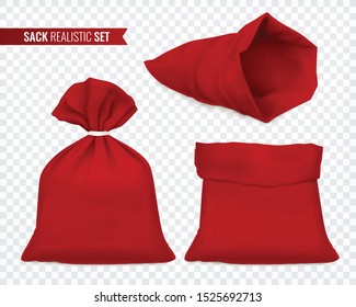 Set of three isolated views of red sack realistic images on transparent background with editable text vector illustration