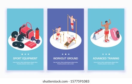 Set with three isolated workout isometric people vertical banners with page switch buttons and editable text vector illustration