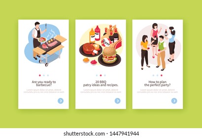 Set of three isometric bbq barbecue vertical banners with human characters food and text with buttons vector illustration