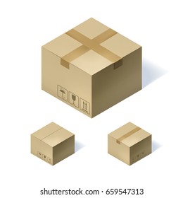 Set of three isometric cardboard boxes isolated on white background. Vector illustration