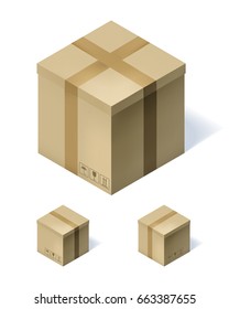 Set of three isometric cardboard boxes isolated on white background. Vector illustration