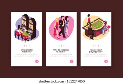 Set of three isometric casino vertical banners with clickable button for switching pages and human characters vector illustration