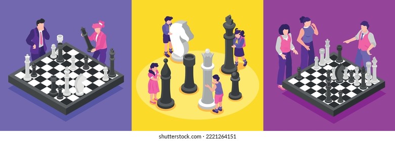 Set of three isometric compositions with chess players on bright color backgrounds isolated vector illustration