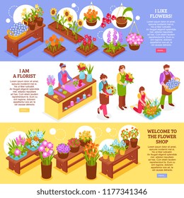 Set of three isometric florist banners with flower shop elements bough-pots seller characters and text vector illustration
