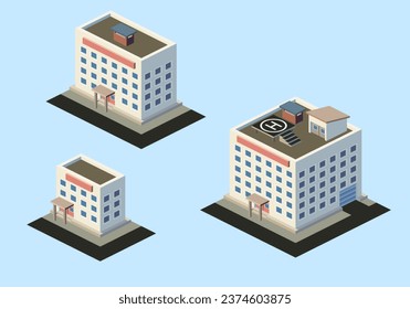 Conjunto de tres edificios isométricos de varios pisos, ilustración vectorial.