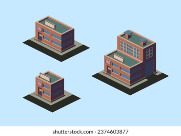 Conjunto de tres edificios isométricos de varios pisos, ilustración vectorial.