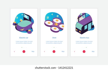 Set of three isometric smart city banners with text buttons and doodle images of electric transport vector illustration