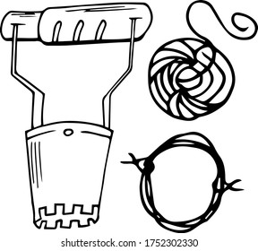 A set of three items of garden equipment. Everything for gardening. Drawing doodling. Manual of linear drawing. Vector graphics