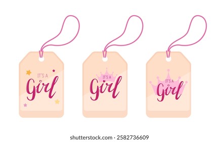 Set of three "It's a Girl" gift tags with different designs. Perfect for baby showers, gender reveal parties, and baby gifts. Vector illustration