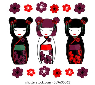 Conjunto de tres muñecas japonesas - kokeshi, que trae buena suerte, riqueza y prosperidad. Ilustración vectorial.