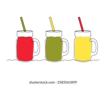 set of three jar with a straw for cocktails, smoothies, continuous single one line art hand drawing sketch logo