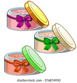 The set of three jars of cosmetics isolated on a white background. Cartoon vector close-up illustration.