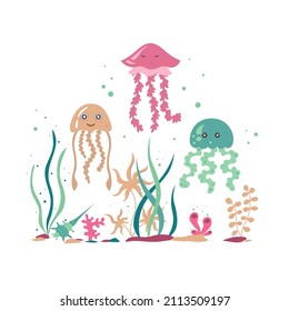 Set of three jellyfish with seaweed and coral. Cute cartoon jellyfish. Hand drawn marine life, Scandinavian style. Vector illustration.