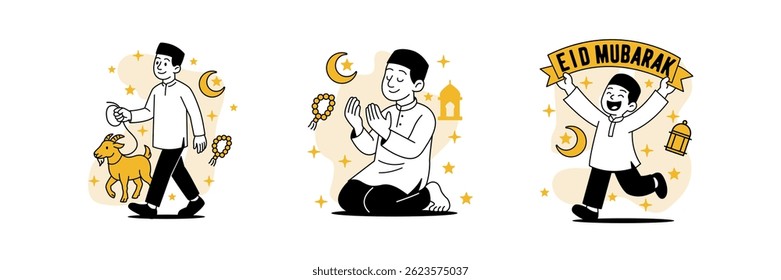 A set of three joyful cartoon vector illustrations for Eid al-Adha, featuring a man leading a goat for sacrifice, a man praying after the sacrifice