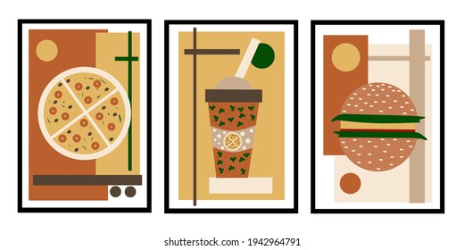 Set three of Junk food wall art. Hamburger, pizza, and soft drink wall decor. Fast food poster for cafe. Kitchen wall Decorations.