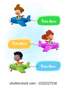 Set with three kids different race, flying plane with paper banners.Vector