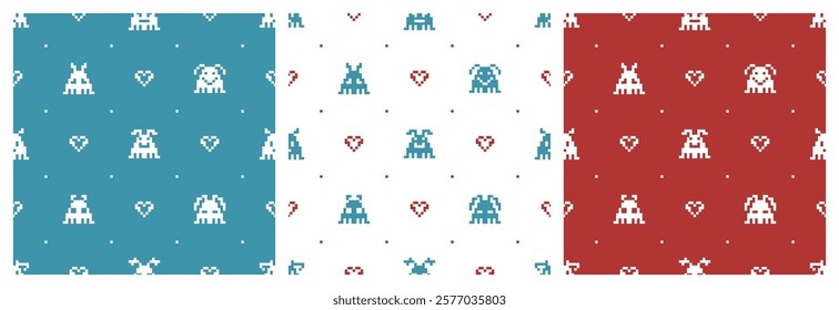 Set of three Kids Seamless Patterns with Retro Pixel Video Game Abstract Aliens Characters. Funny Space Monsters in Pixel Art Style. Old School Arcade Game Computer Graphic Design. Vector illustration