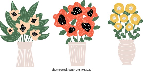 Set of three kind of flowers in vase. Peonies, poppies, daisies in vase. Vector illustration, separated on white background. 