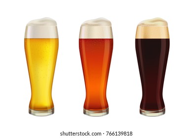 Set of three kinds of beer, on white background.