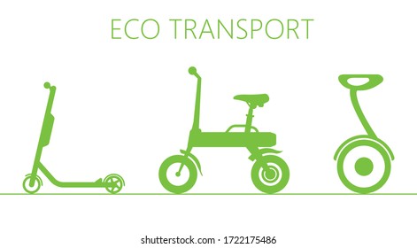 Set of three kinds of eco transport icons. Electric scooter, e-bike and gyroscooter. Zero emission urban vehicles.
