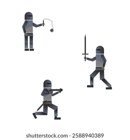 A set of three knights with melee and ranged weapons.