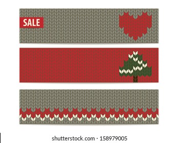 Set of three knitted banners for winter or Christmas theme.