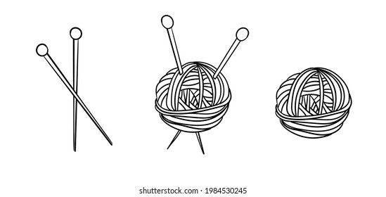 A set of three knitting-themed doodle elements: a ball of yarn, knitting needles and a ball of yarn with knitting needles. Vector illustration.