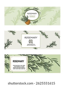 Set of three label designs with rosemary herbs. Aromatherapy and traditional medicine, cooking spices and beauty products labels templates, hand drawn vector illustration with isolated elements.