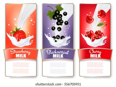 Set of three labels of berries in milk splashes. Strawberry, blueberry, raspberry. Vector.