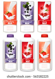Set of three labels of berries in milk splashes. Strawberry, blueberry, raspberry. Vector.