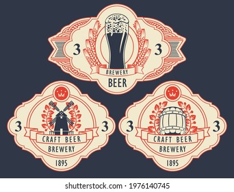 Set of three labels for brewery craft beer in figured frames in retro style. Vector labels with an overflowing glass of beer, a windmill, a wooden barrel, armorial wheat and laurel wreaths and text