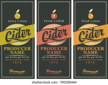 Set of three labels for a cider in the square frame with the apple, plum and pear on black