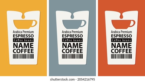 Set of three labels for coffee beans. Vector labels with cups, barcodes and the words Espresso, Arabica premium on a background with various colors