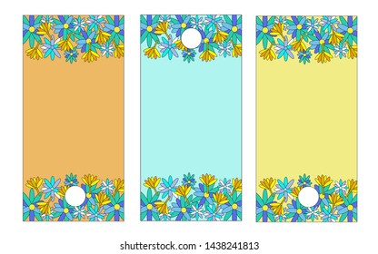 Set of three labels with floral pattern: blue, blue and yellow flowers on a solid background