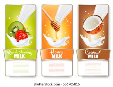 Set Of Three Labels Of Fruit And Berries In Milk Splashes. Kiwi, Strawberry, Honey, Coconut. Vector.