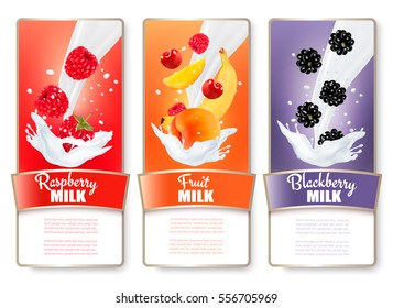 Set of three labels of fruit and berries in milk splashes. Raspberry, apricot, banana, blackberry. Vector.