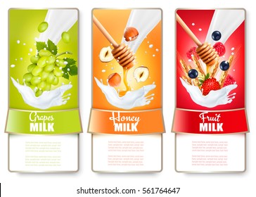 Set Of Three Labels Of Fruit And Berries In Milk Splashes. Craps, Strawberry, Raspberry,  Blueberry, Honey, Nut. Vector.