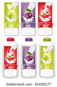 Set of three labels of fruit in milk splashes. Apple, plum, cranberry and bottles with tags. Vector.