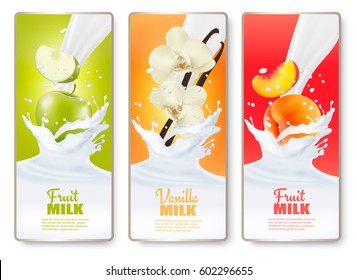 Set of three labels of of fruit in milk splashes. Apple, vanilla,  peach. Vector.