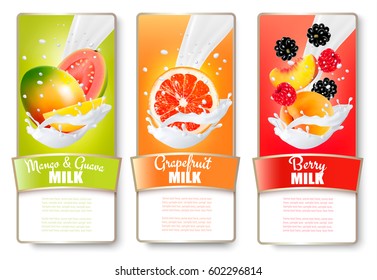 Set of three labels of of fruit in milk splashes. Guava, mango, grapefruit, peach, blackberry, strawberry. Vector.