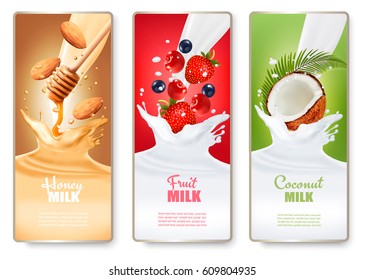 Set of three labels of of fruit in milk splashes. Strawberry, blueberry, cherry, coconut, almond, honey. Vector.